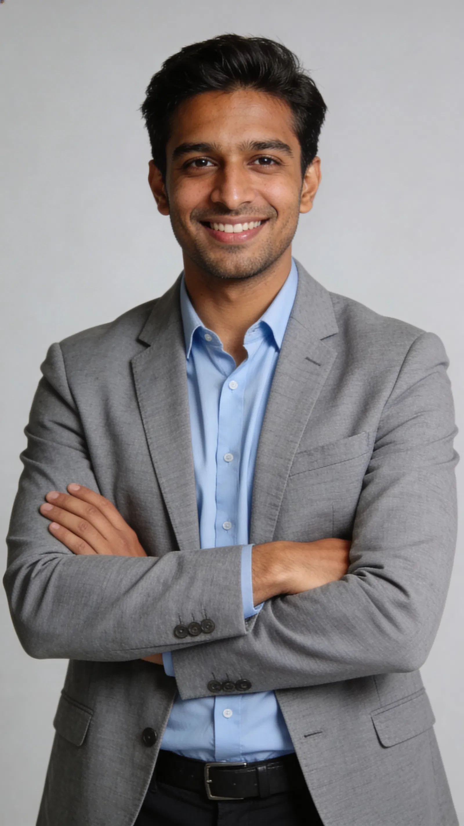 South Asian man with arms crossed on gray studio background headshot