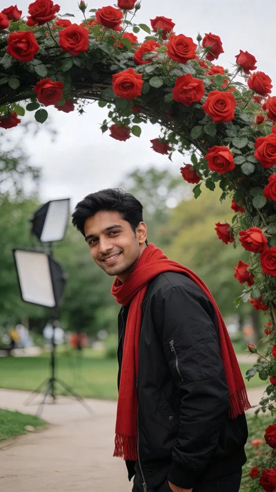 South Asian man with red scarf in park, rose arch background.