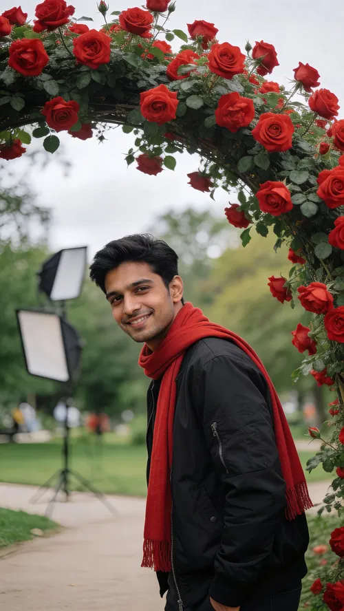 South Asian man with red scarf in park, rose arch background.