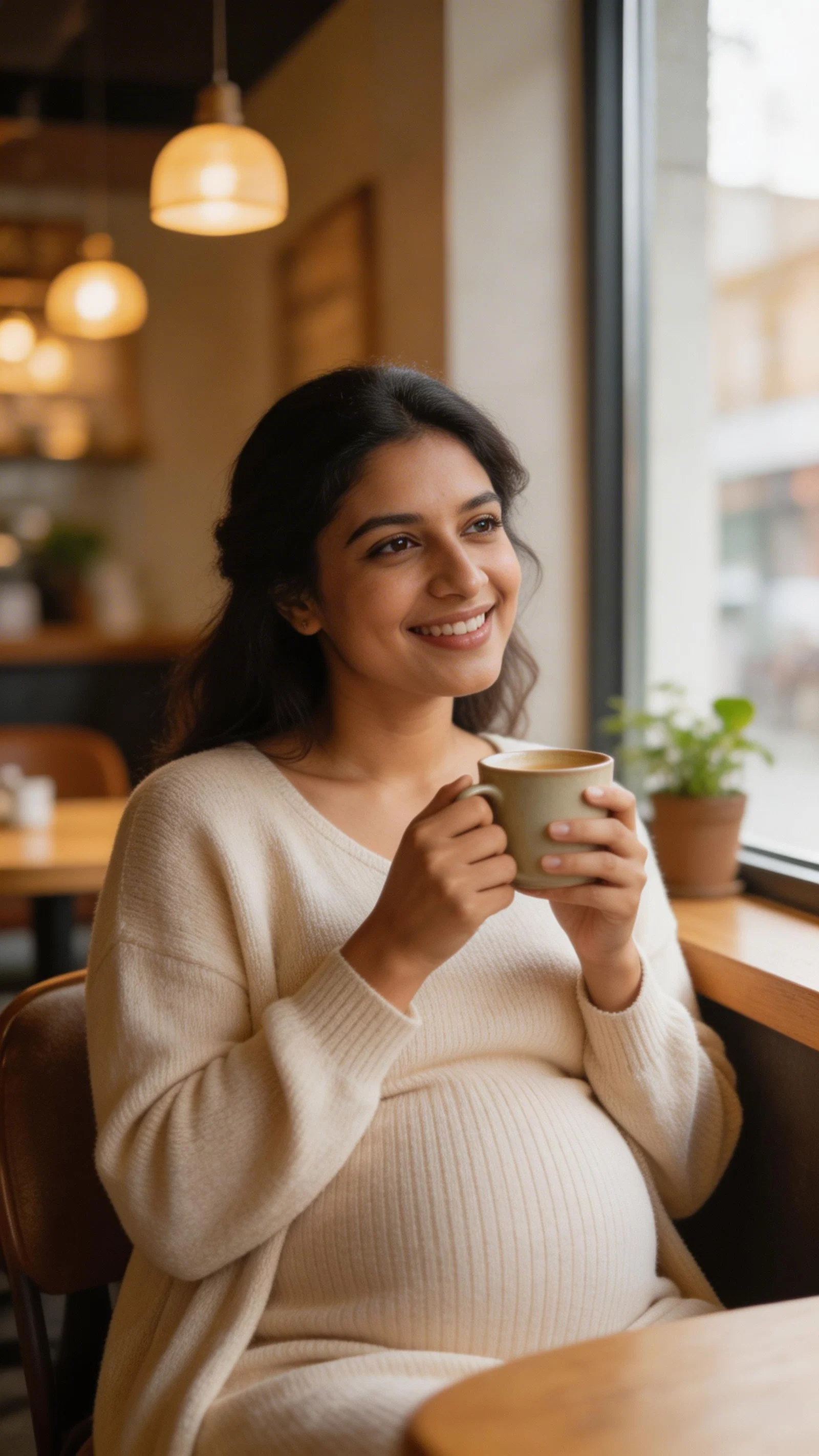 South Asian pregnant woman seated in a café by window light