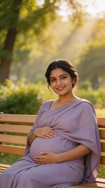 South Asian pregnant woman seated outdoors in a lavender wrap dress
