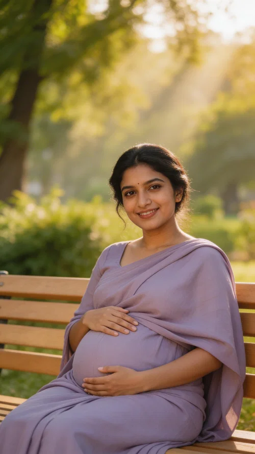 South Asian pregnant woman seated outdoors in a lavender wrap dress