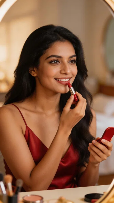 South Asian woman applying lipstick in red slip dress, glamour half-body portrait