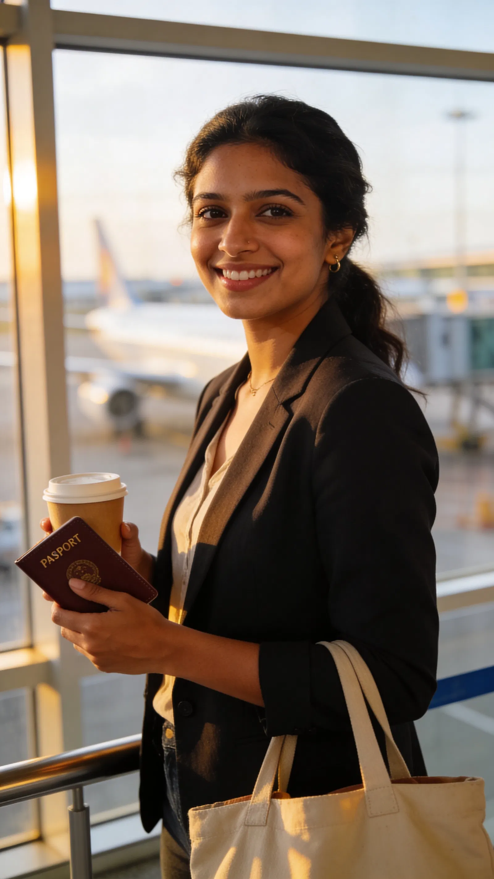South Asian woman at airport window holding passport and coffee, travel portrait.