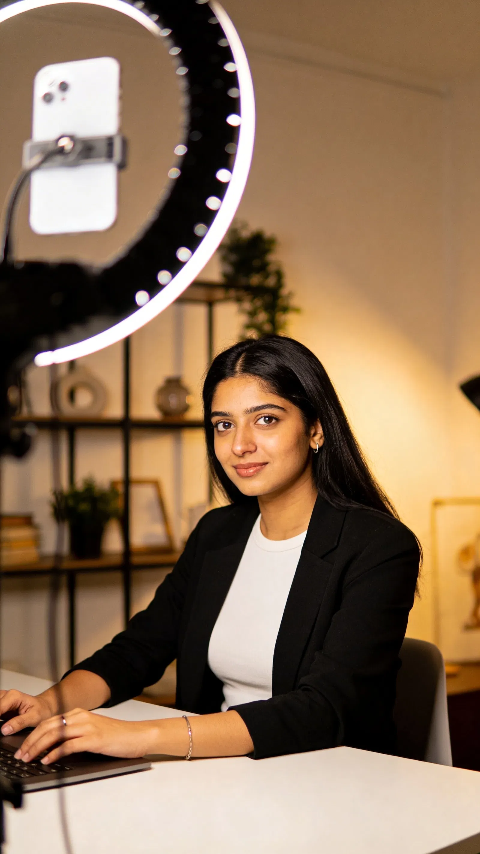 South Asian woman at desk with soft light for creator branding photo
