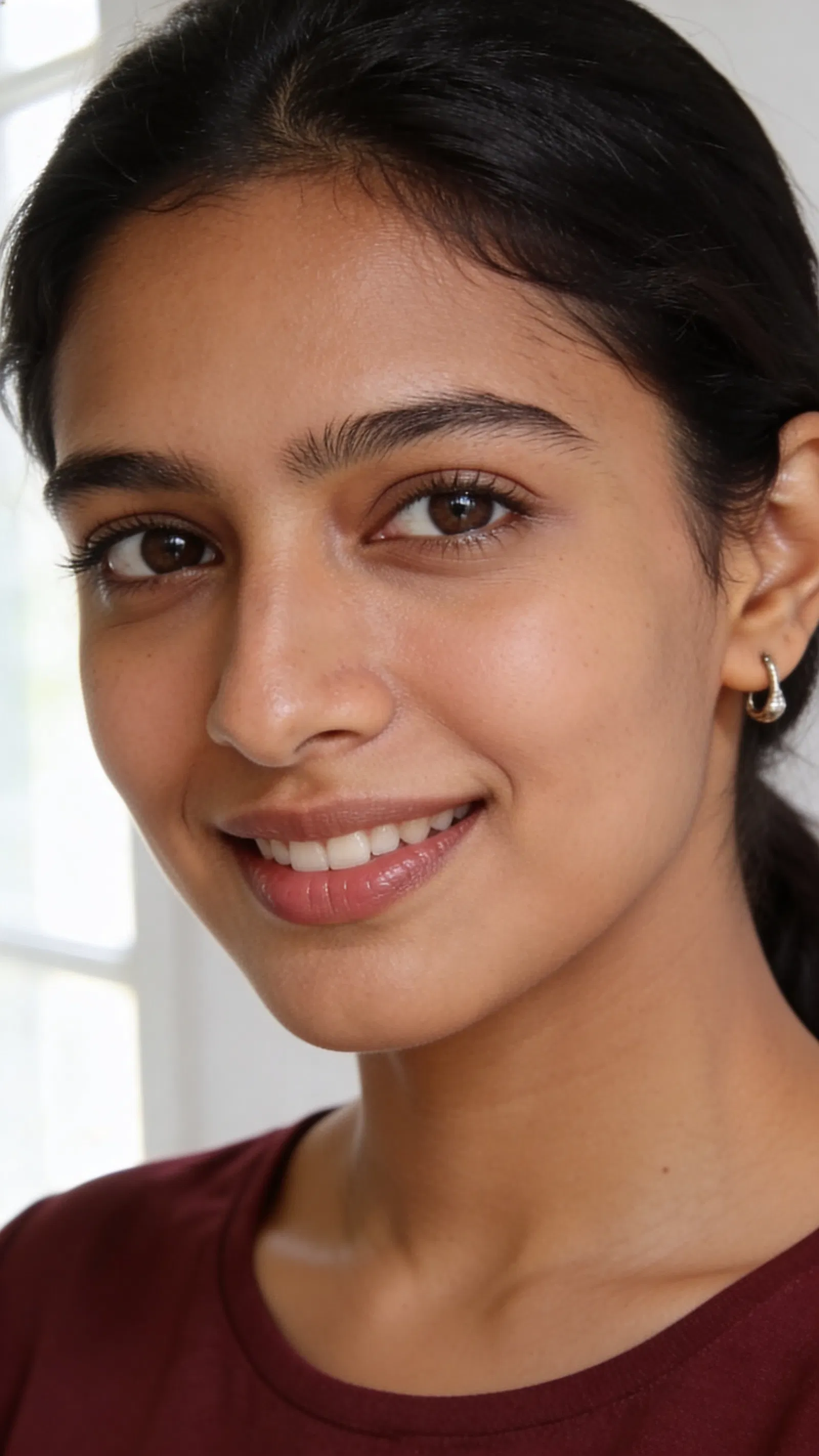 South Asian woman at home against white wall, warm profile headshot