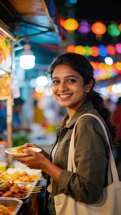 South Asian woman at street food stand, joyful travel content portrait.
