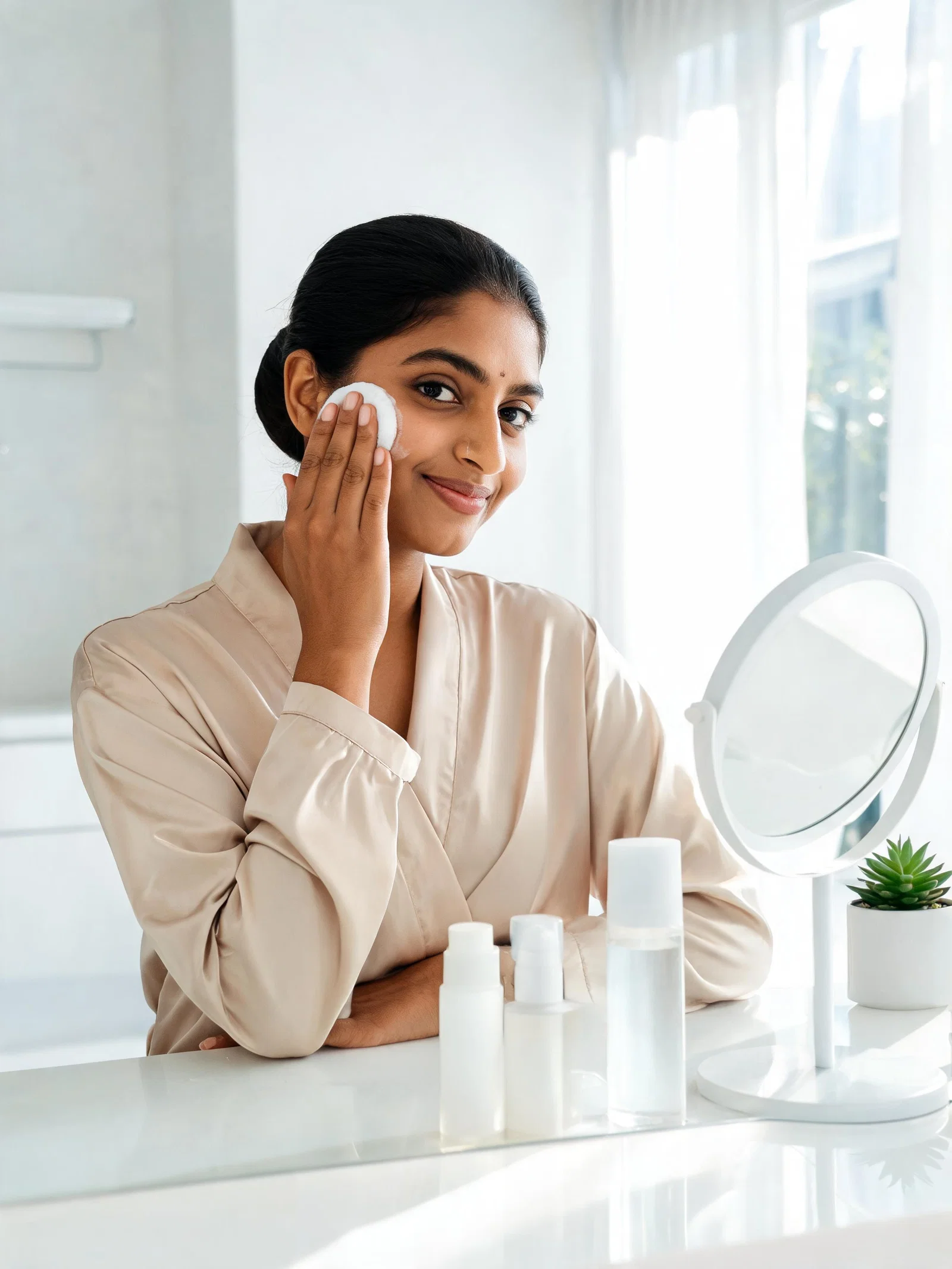 South Asian woman at vanity doing skincare, calm confident looksmaxxing portrait