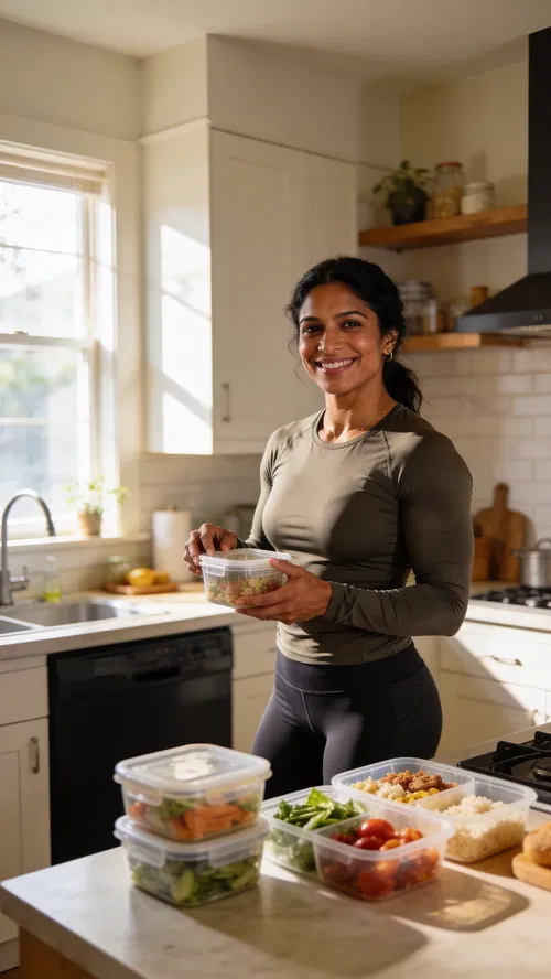South Asian woman bodybuilder meal-prep lifestyle portrait at home