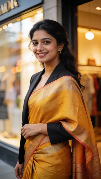 South Asian woman boutique setting half-body editorial fashion portrait