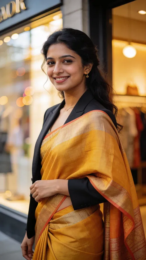 South Asian woman boutique setting half-body editorial fashion portrait