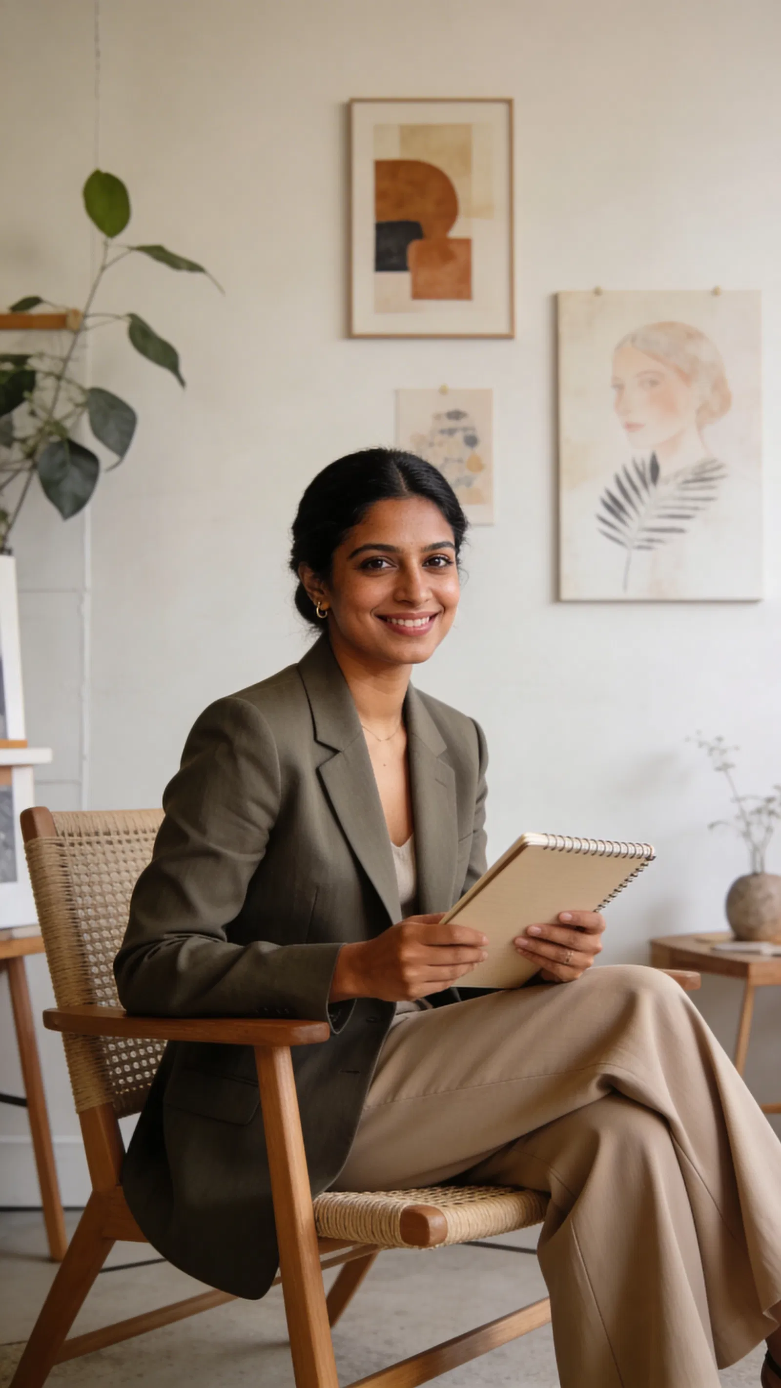 South Asian woman creative studio portrait holding notebook with balanced soft lighting
