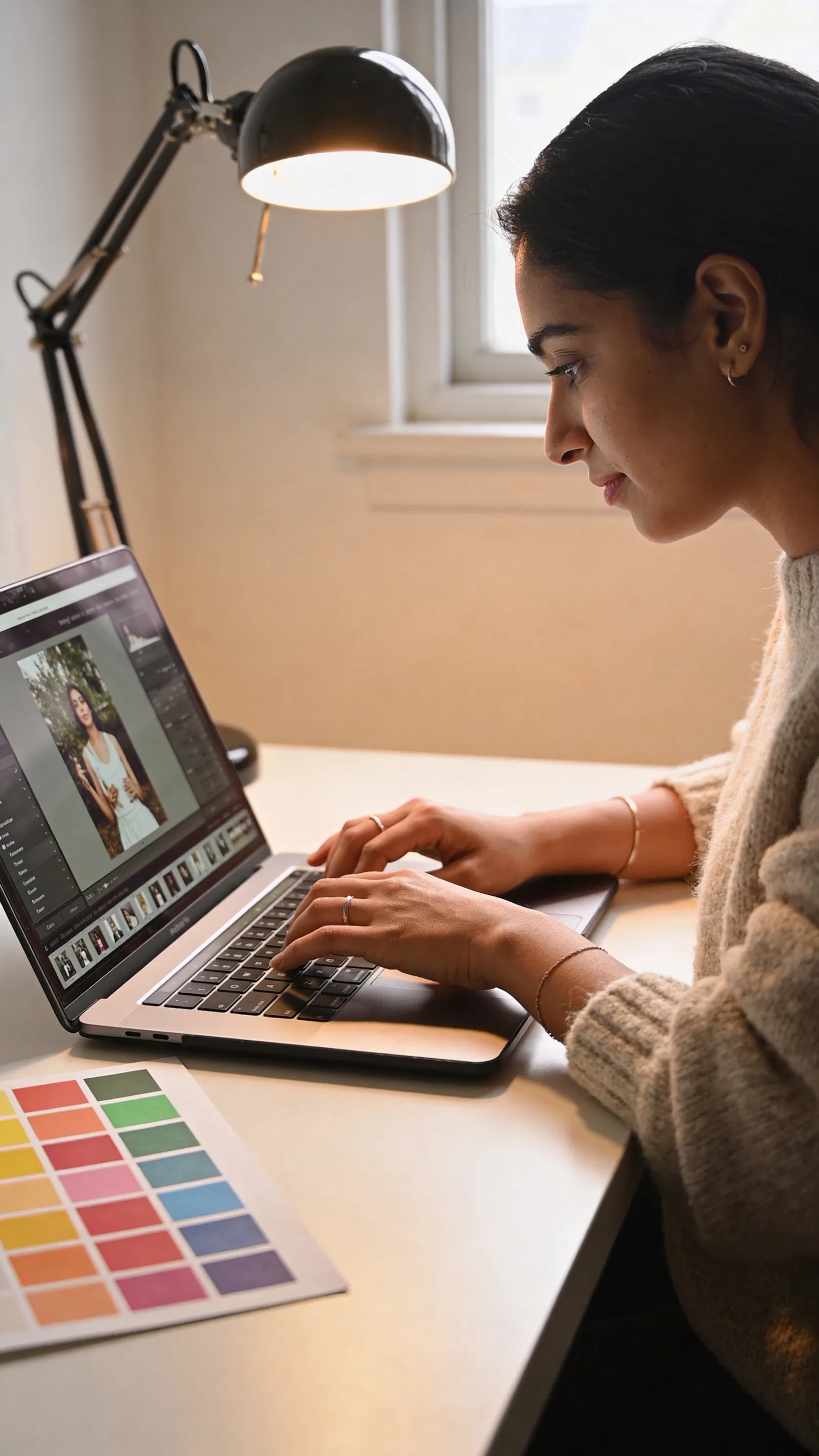 South Asian woman editing Instagram photos and planning a consistent aesthetic