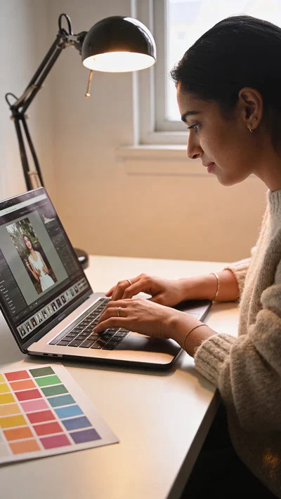 South Asian woman editing Instagram photos and planning a consistent aesthetic