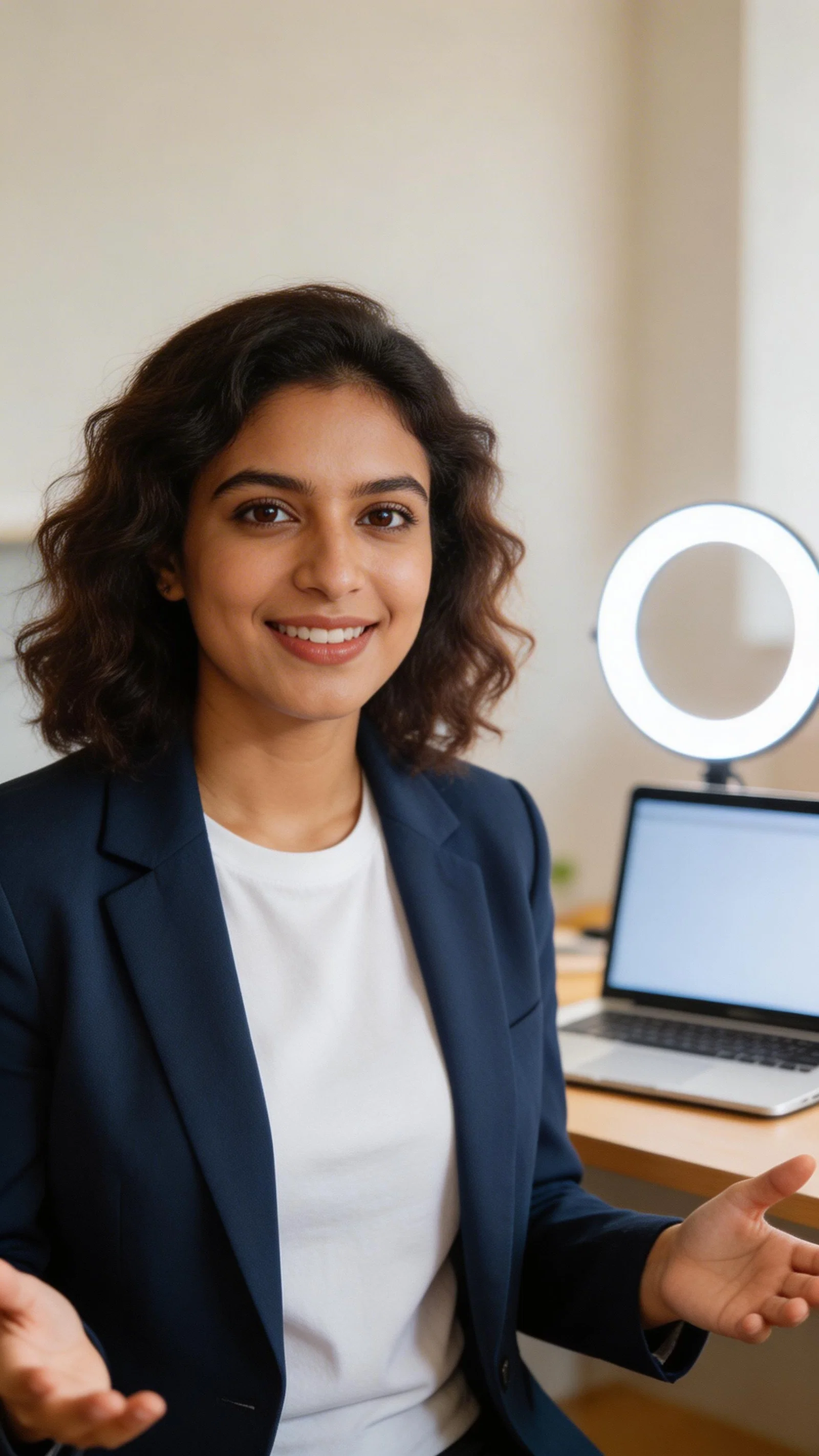 South Asian woman filming quick career advice with ring light in home office