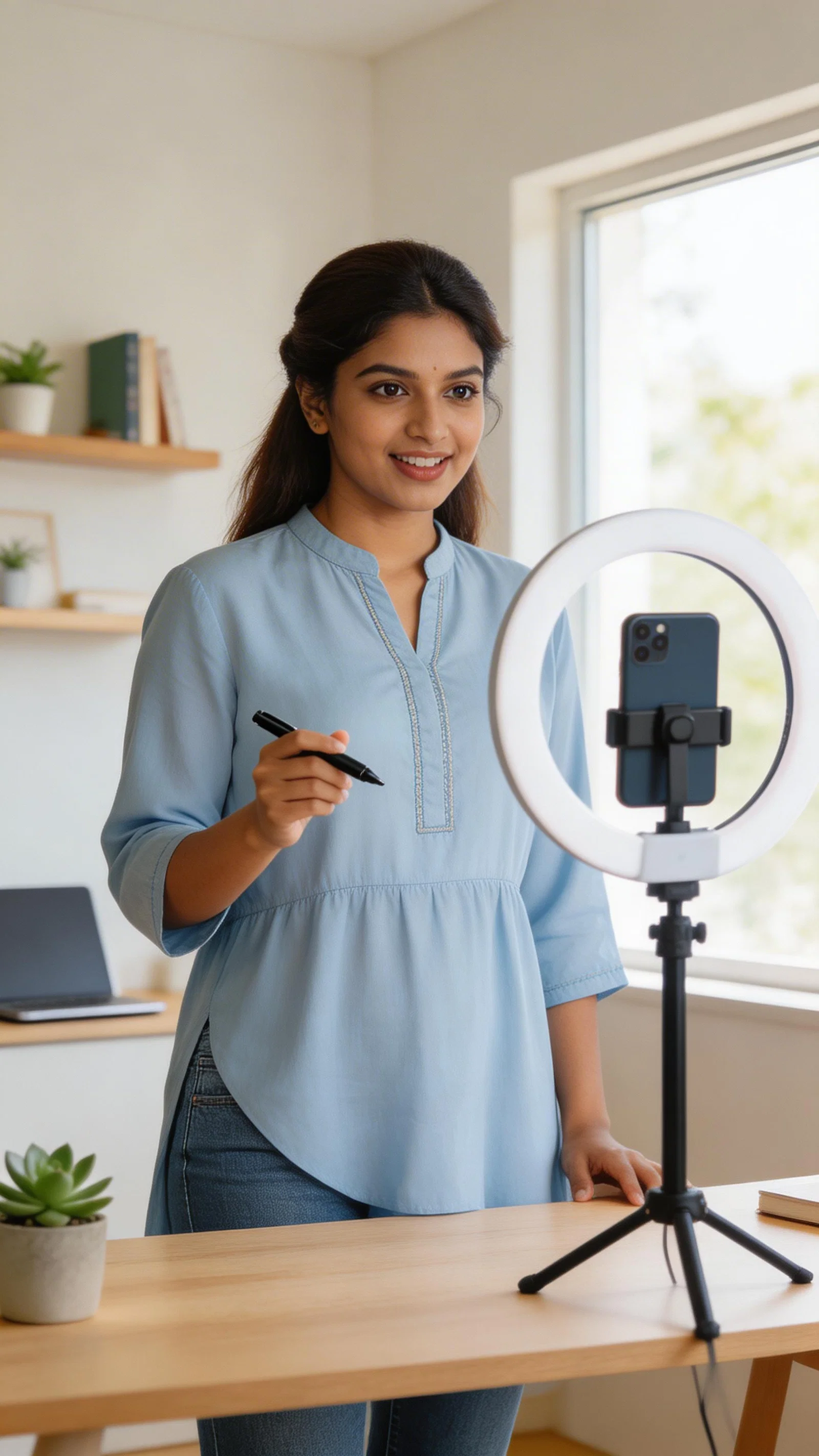 South Asian woman filming quick hacks in home office with ring light
