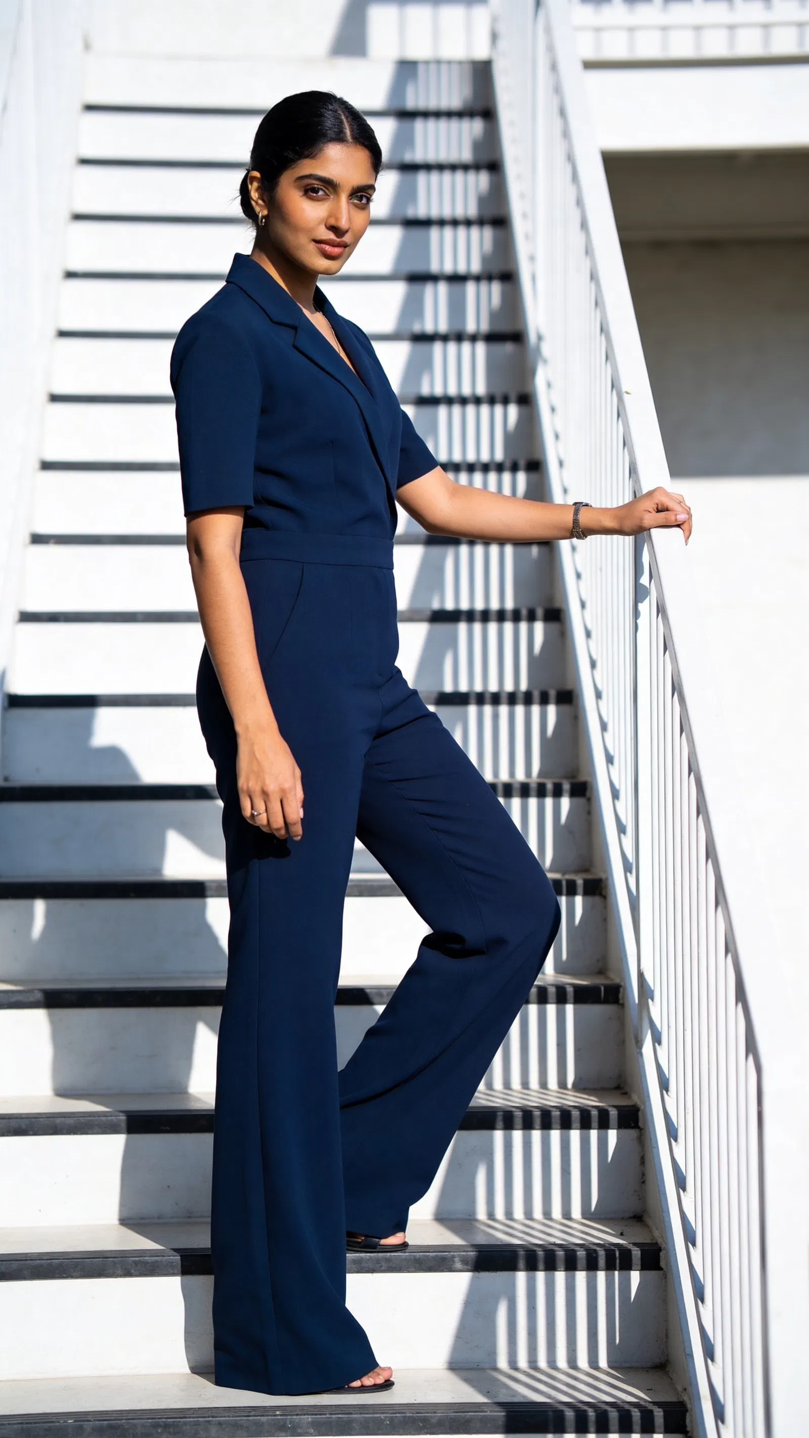 South Asian woman full-body modern architecture portrait in daylight