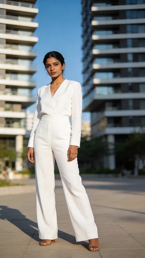 South Asian woman full-body modern architecture portrait with editorial style