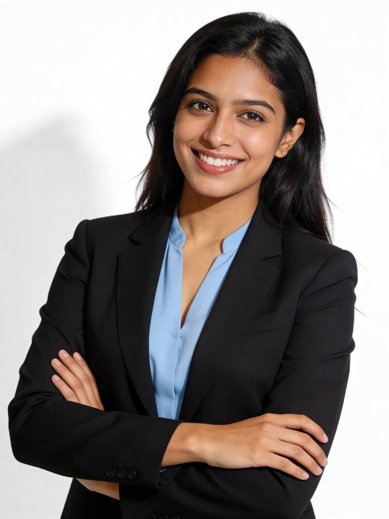 South Asian woman in black blazer on white studio background headshot