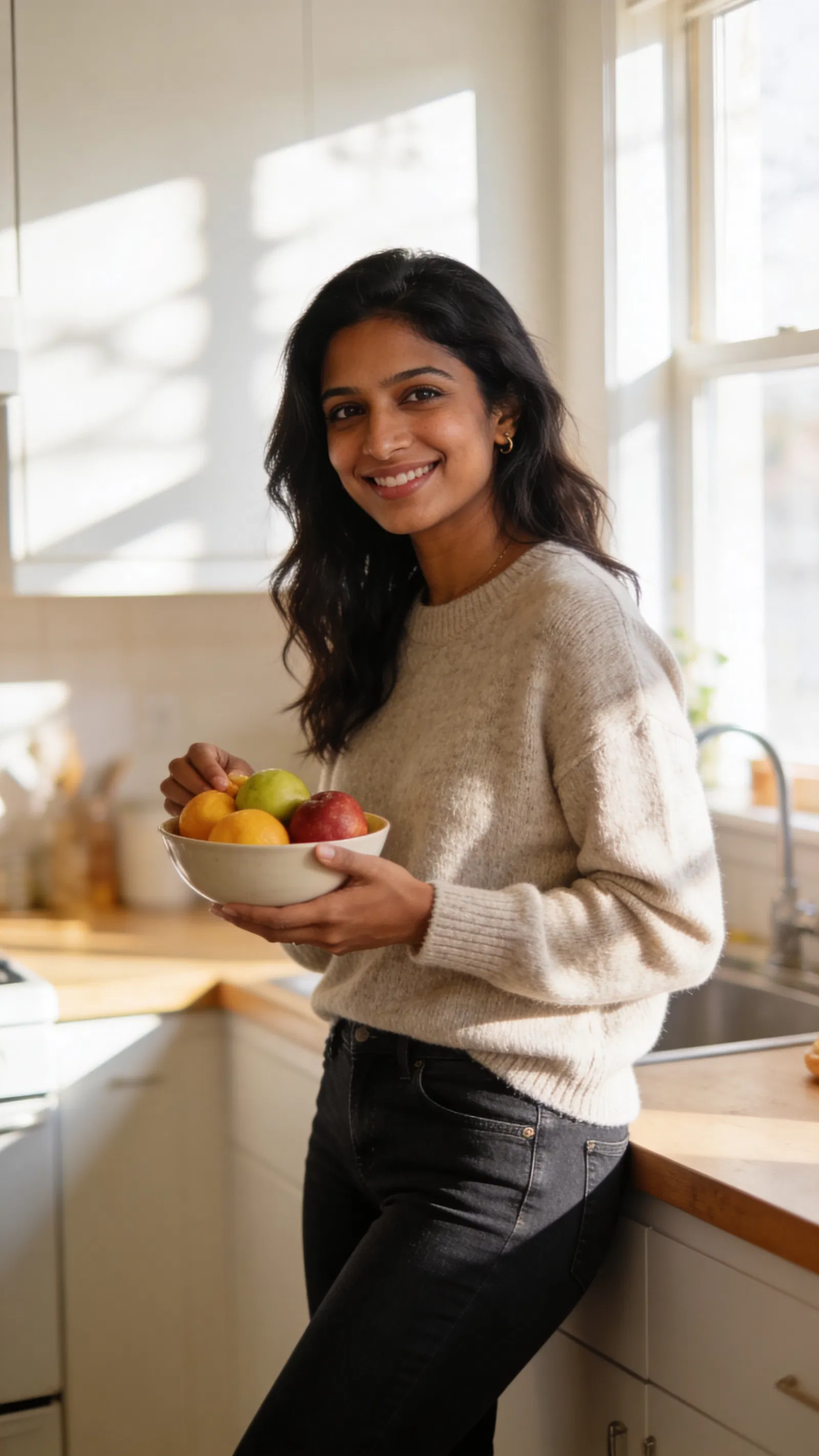 South Asian woman in bright kitchen, friendly smile, natural at-home dating photo.