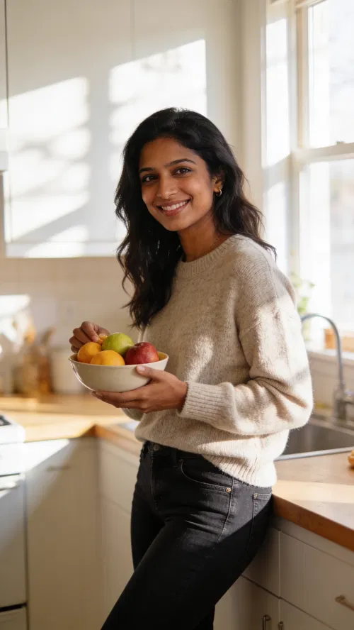 South Asian woman in bright kitchen, friendly smile, natural at-home dating photo.