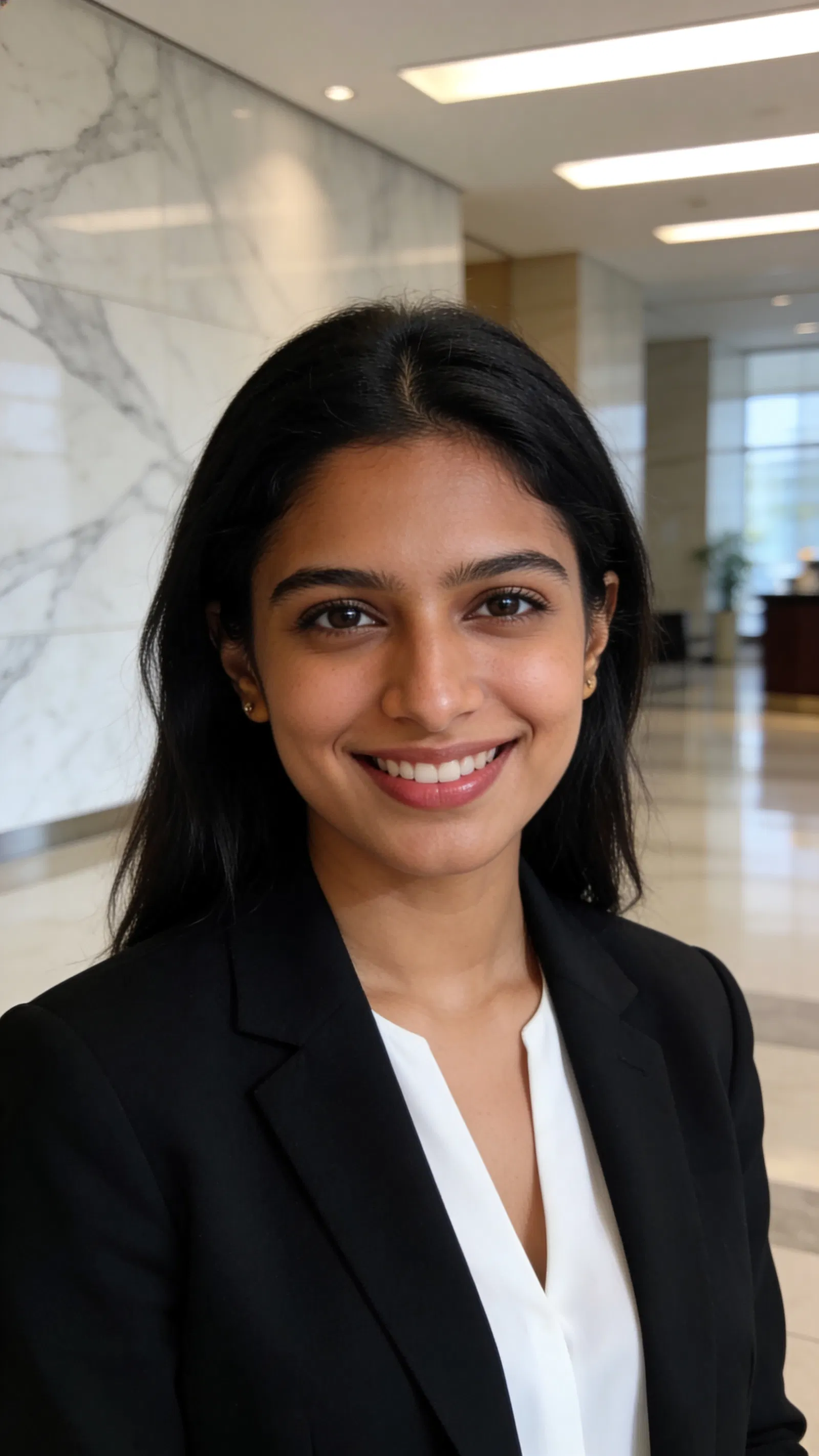 South Asian woman in corporate lobby for polished LinkedIn headshot