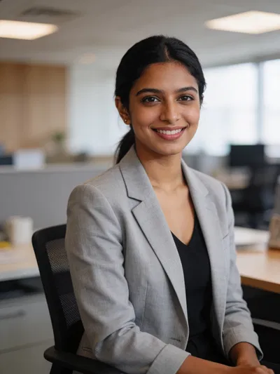 South Asian woman in coworking space, half-body professional portrait