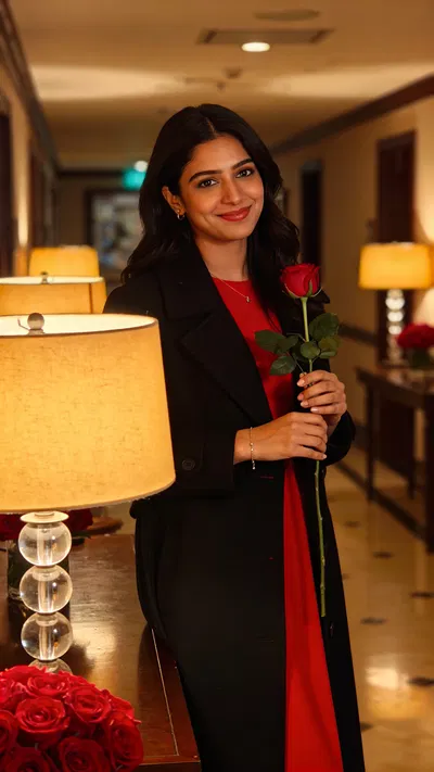South Asian woman in hotel hallway holding rose bouquet, warm bokeh lights.