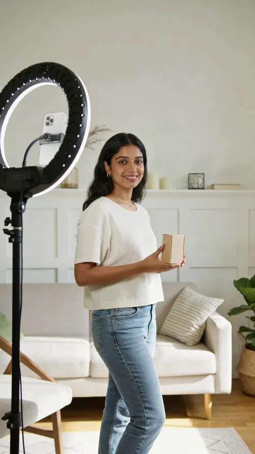 South Asian woman in living room with backdrop, at-home creator portrait holding product