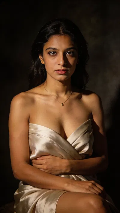 South Asian woman in moody studio headshot, editorial boudoir portrait