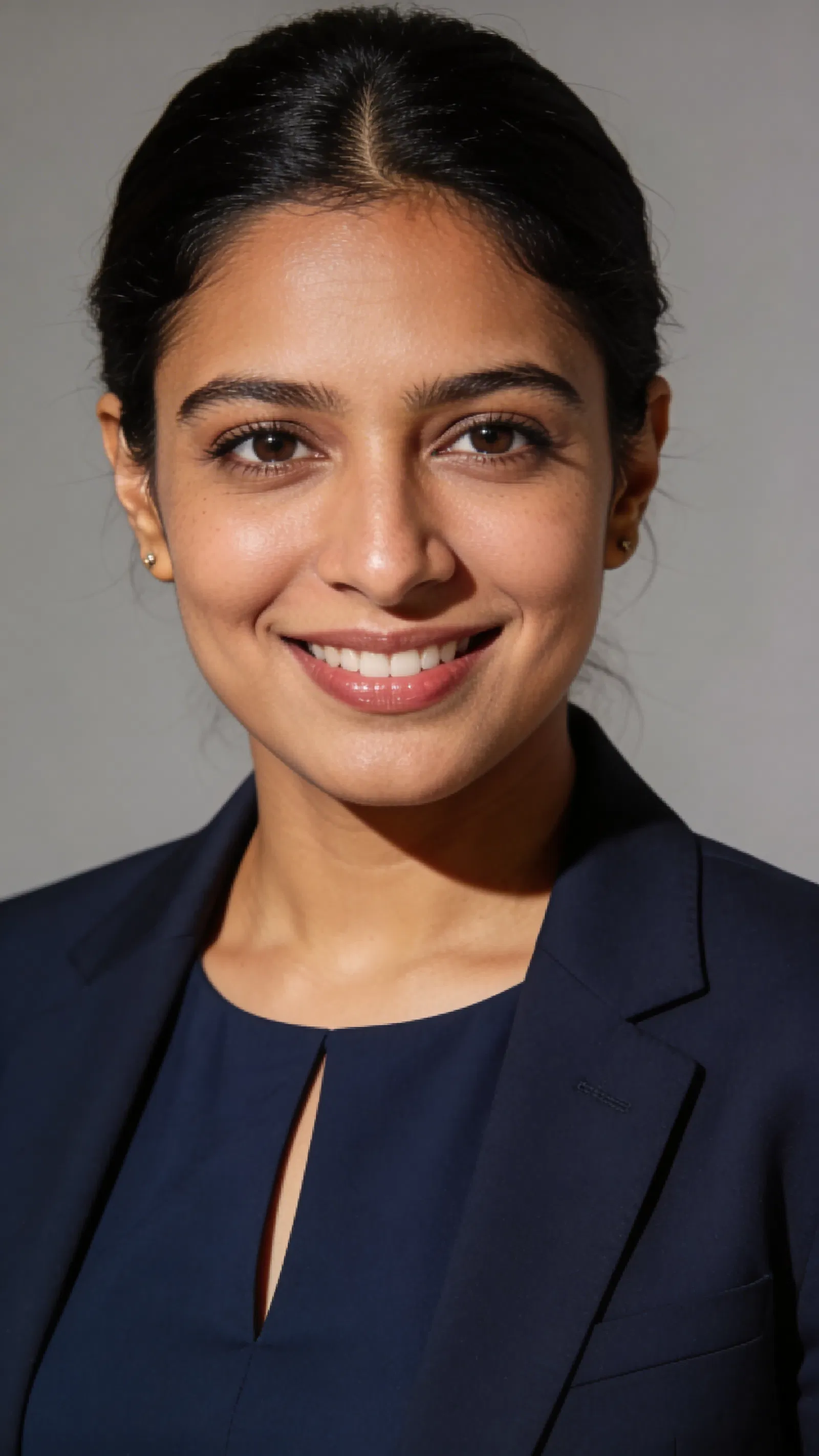 South Asian woman in navy attire on warm gray studio background headshot