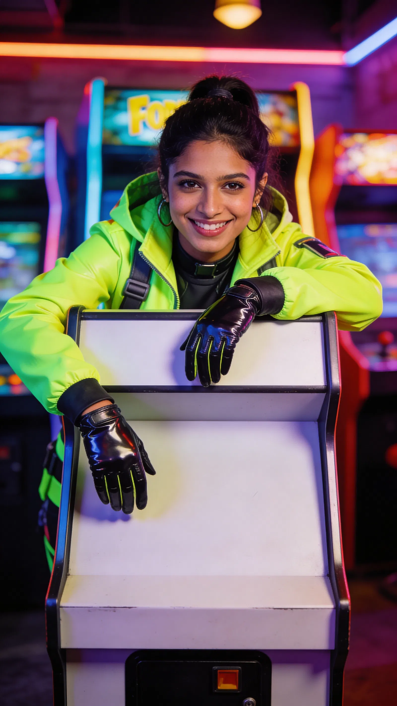 South Asian woman in neon arcade cosplay, colorful half-body portrait