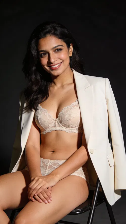 South Asian woman in studio lingerie with blazer, dramatic rim-lit portrait