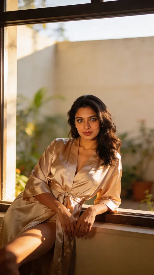 South Asian woman leaning at window in satin robe, golden boudoir portrait