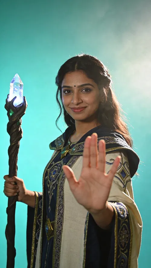 South Asian woman mage cosplay half-body in studio, teal background.