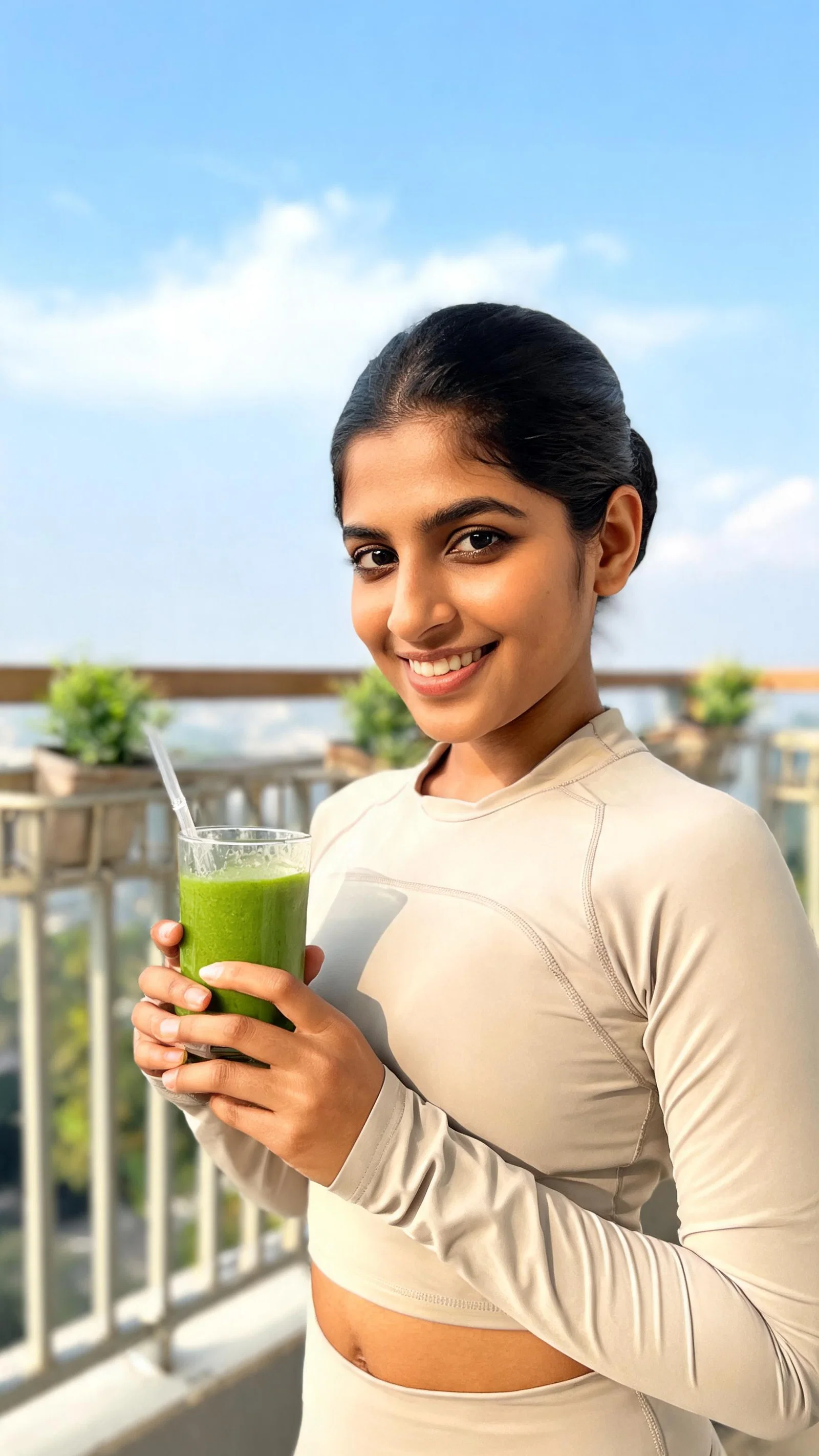 South Asian woman on balcony with smoothie, fitness lifestyle looksmaxxing portrait