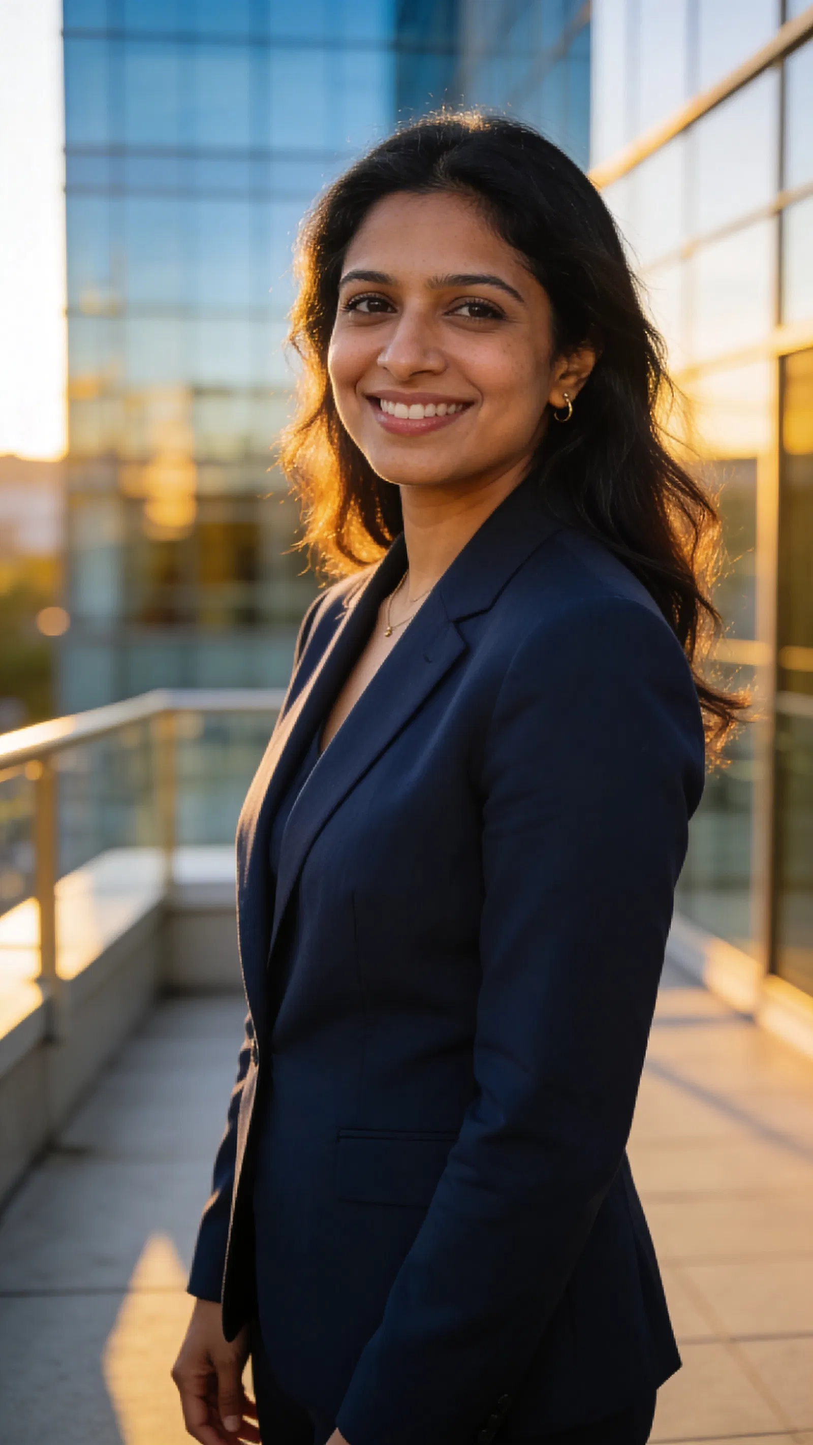 South Asian woman outdoors near office building, corporate portrait