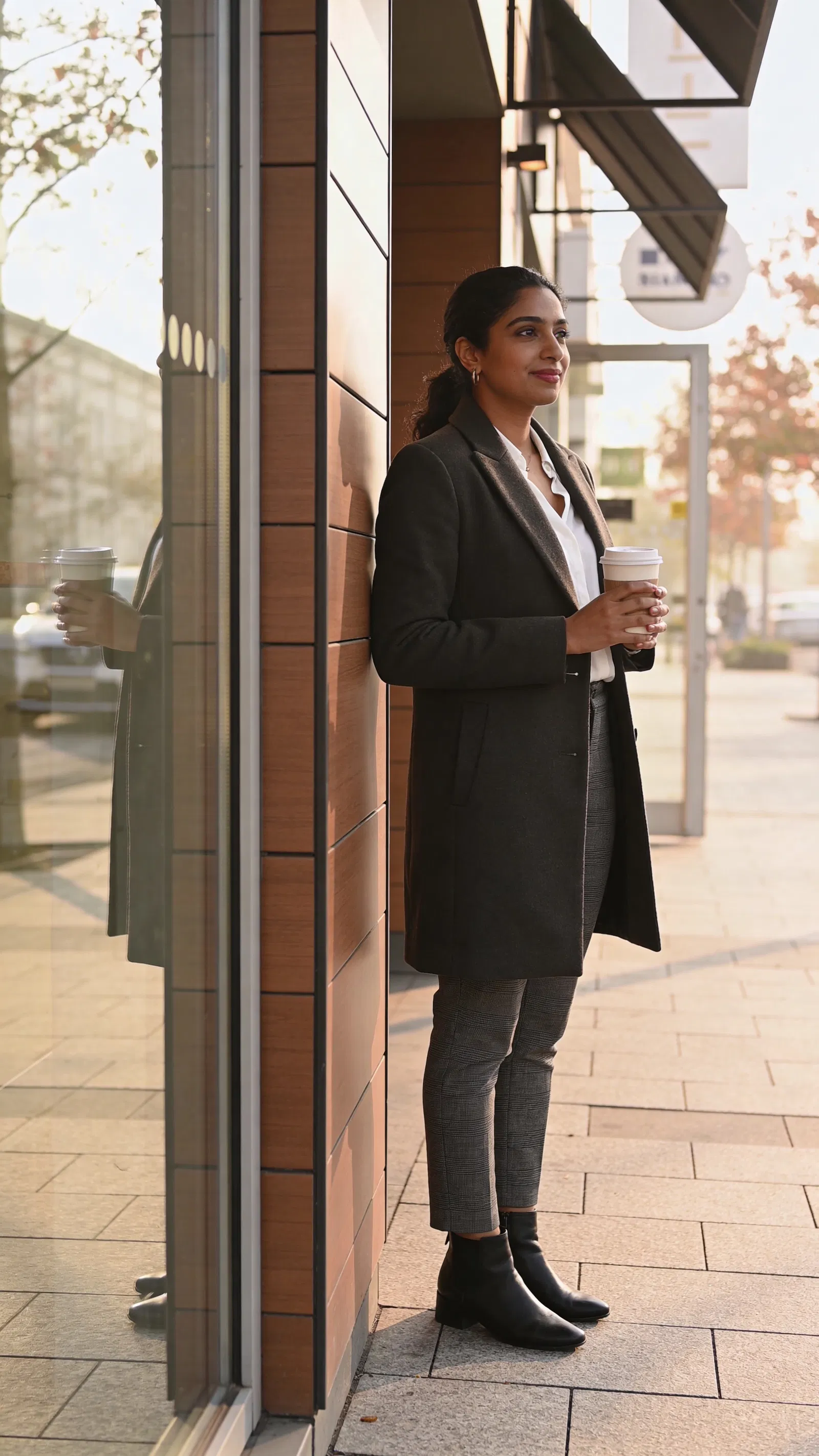 South Asian woman outdoors with coffee cup, relaxed professional profile portrait