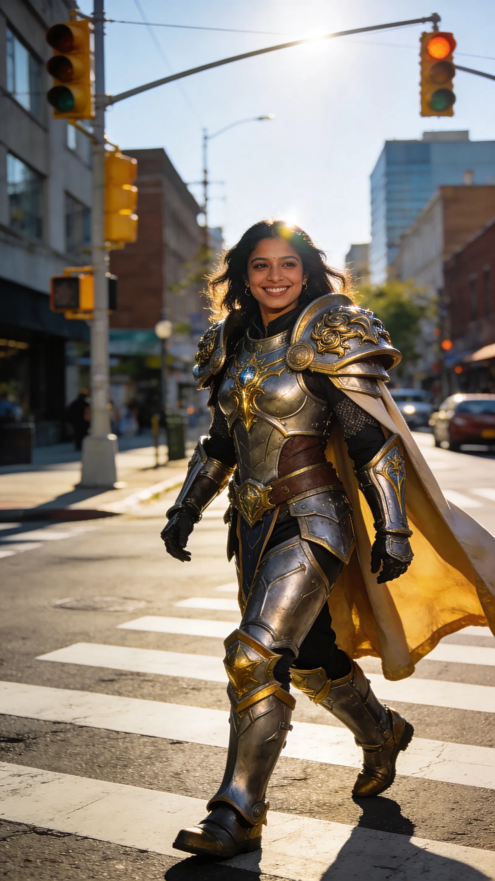 South Asian woman paladin armor cosplay crossing street, full-body portrait.