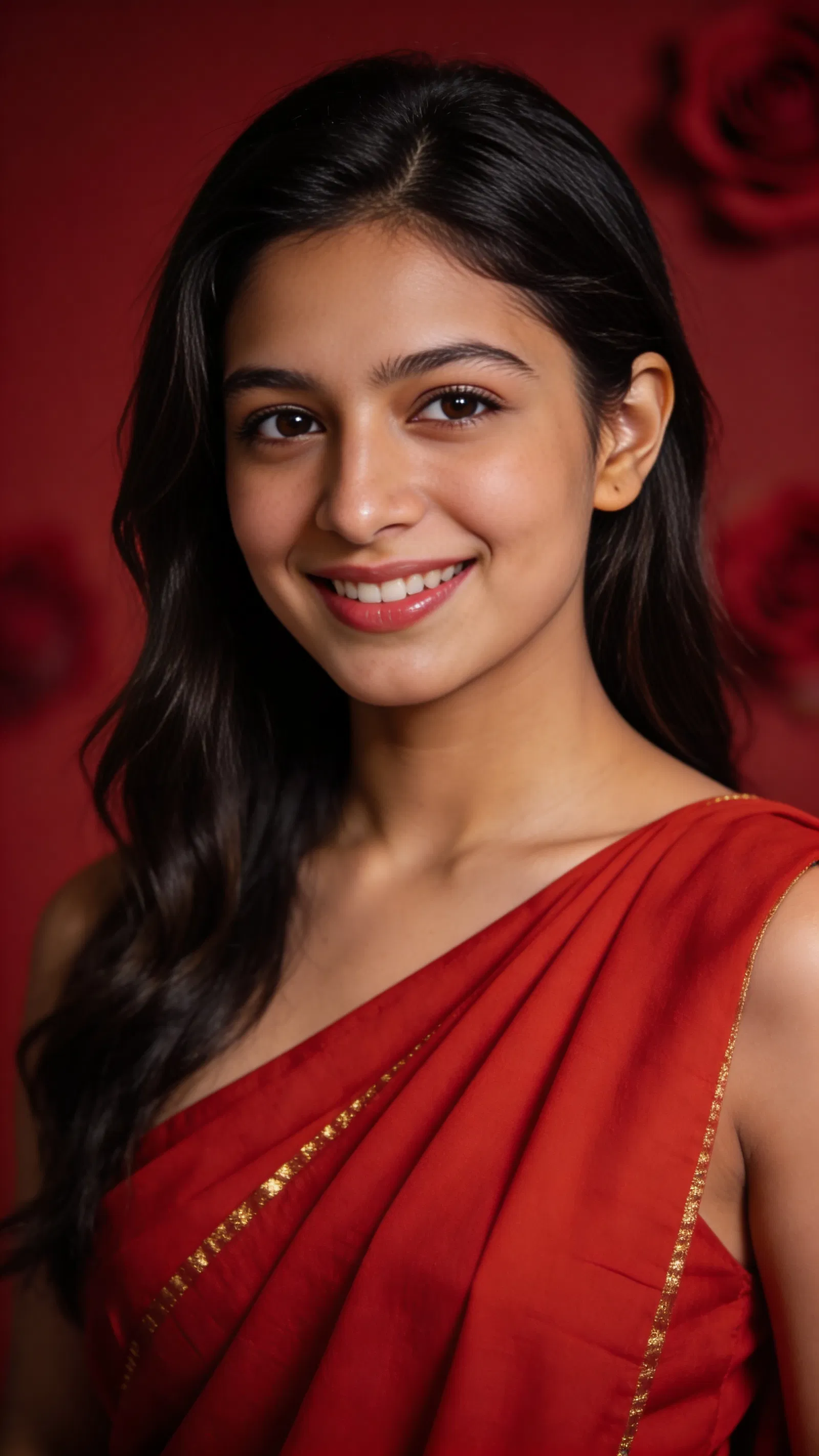 South Asian woman portrait in red draped outfit on deep red background.