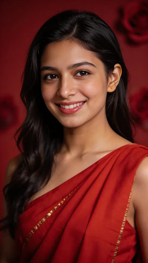 South Asian woman portrait in red draped outfit on deep red background.