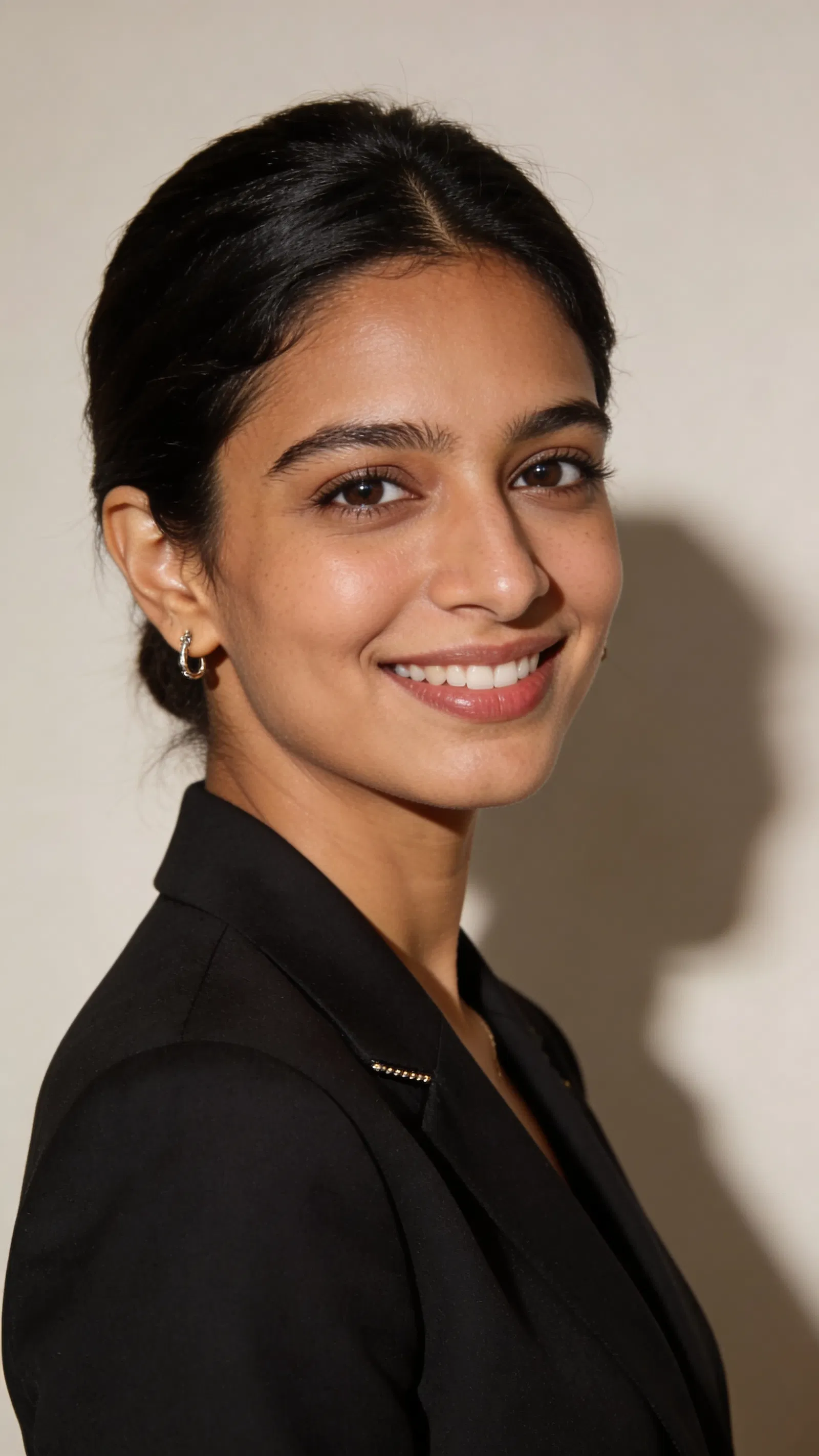 South Asian woman studio 3/4 portrait, premium professional AI headshot