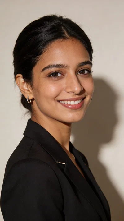South Asian woman studio 3/4 portrait, premium professional AI headshot