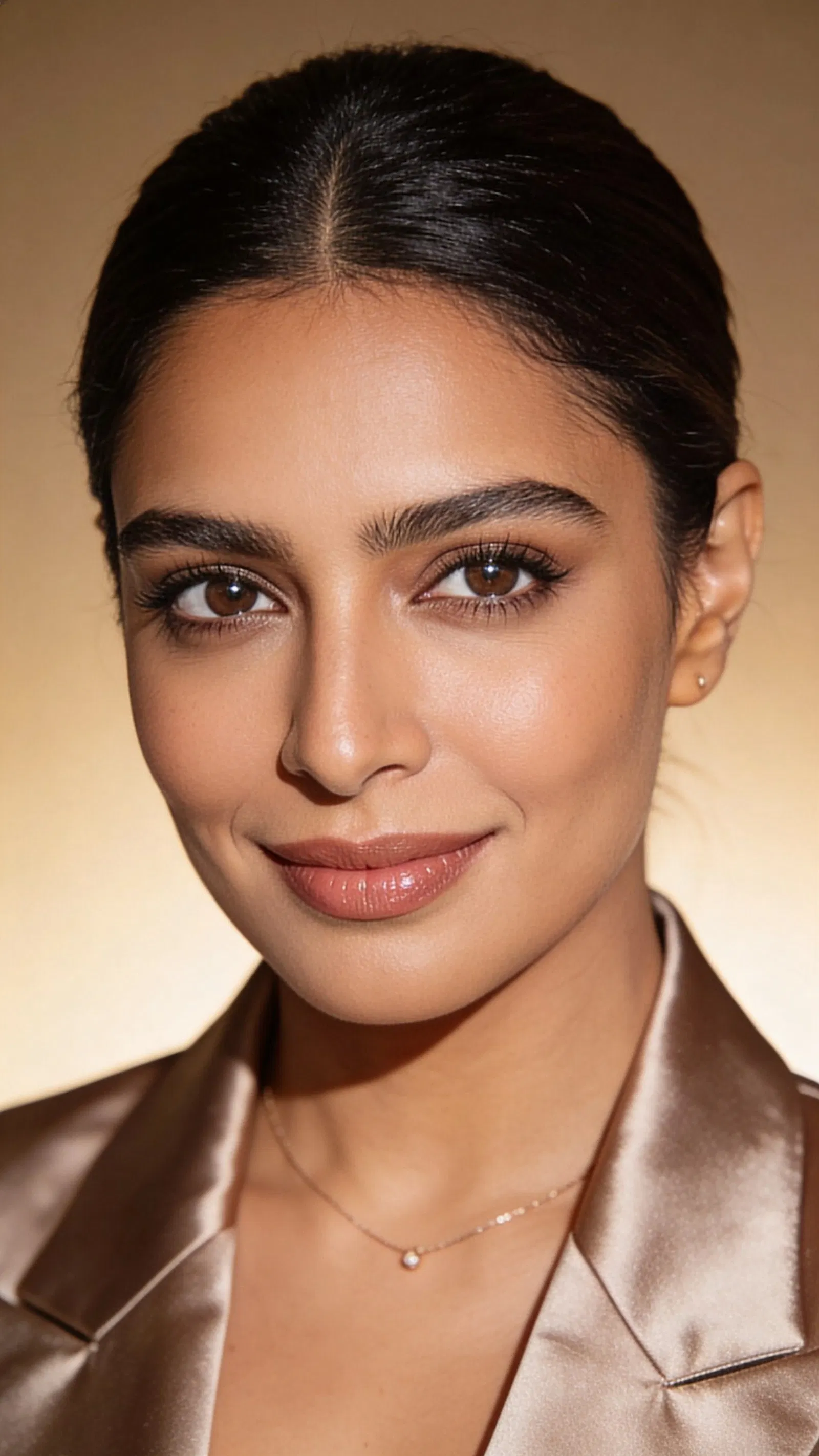 South Asian woman studio headshot with beauty lighting and warm beige backdrop