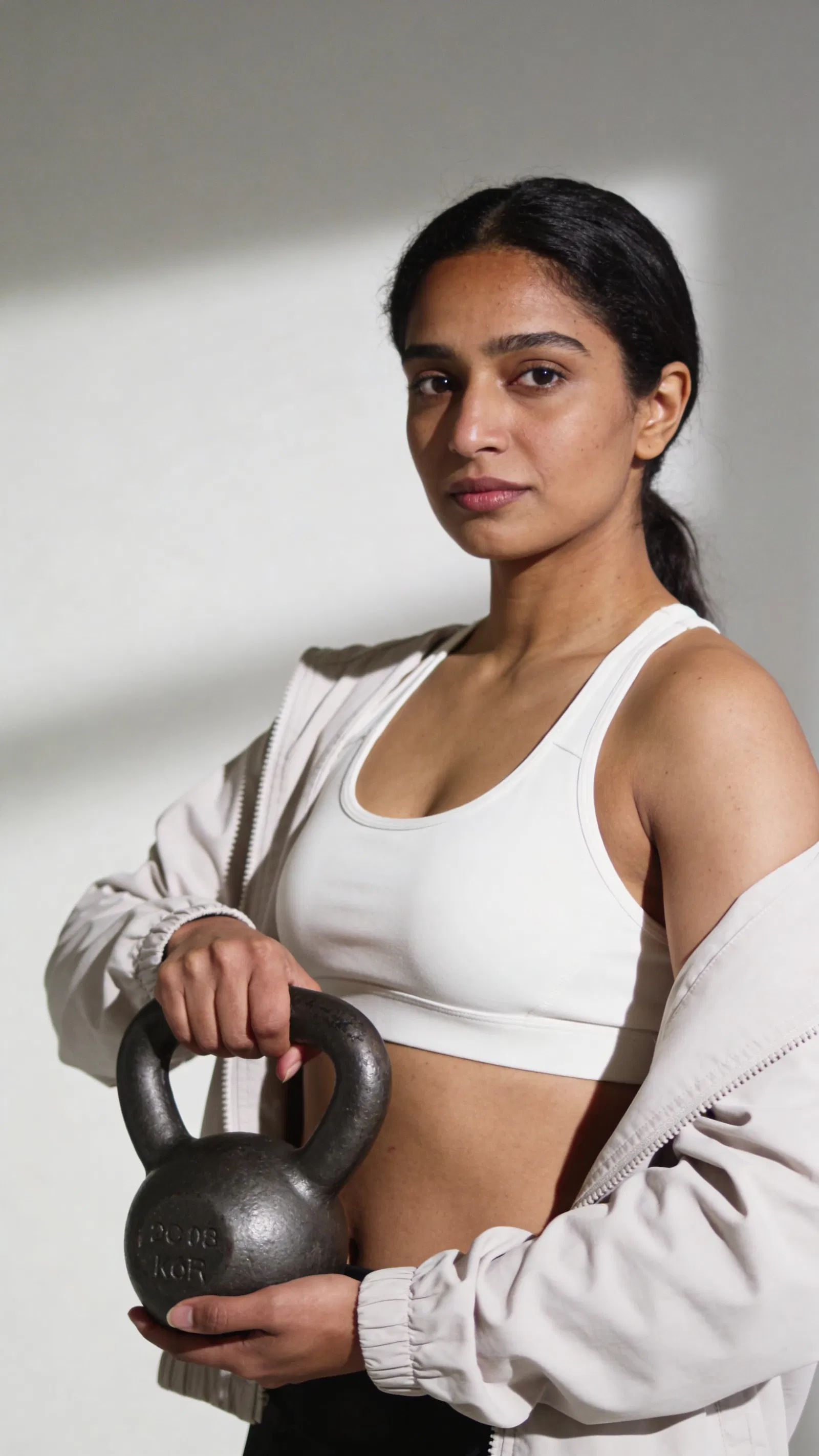 South Asian woman studio kettlebell portrait for fitness photoshoot ideas