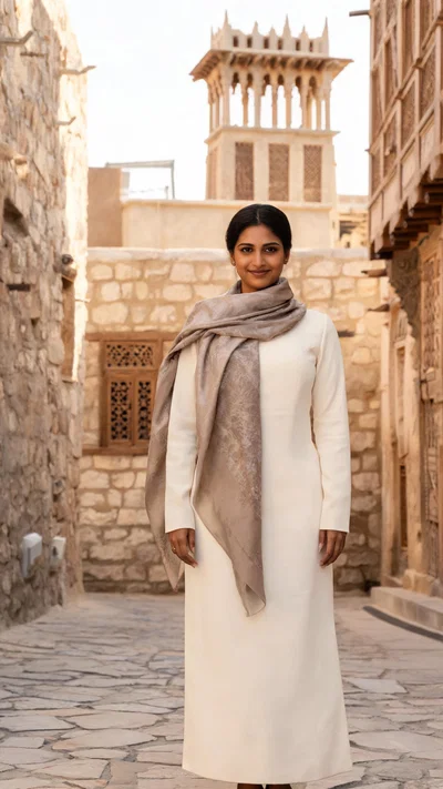 South Asian woman travel portrait in Al Fahidi historic district, Dubai