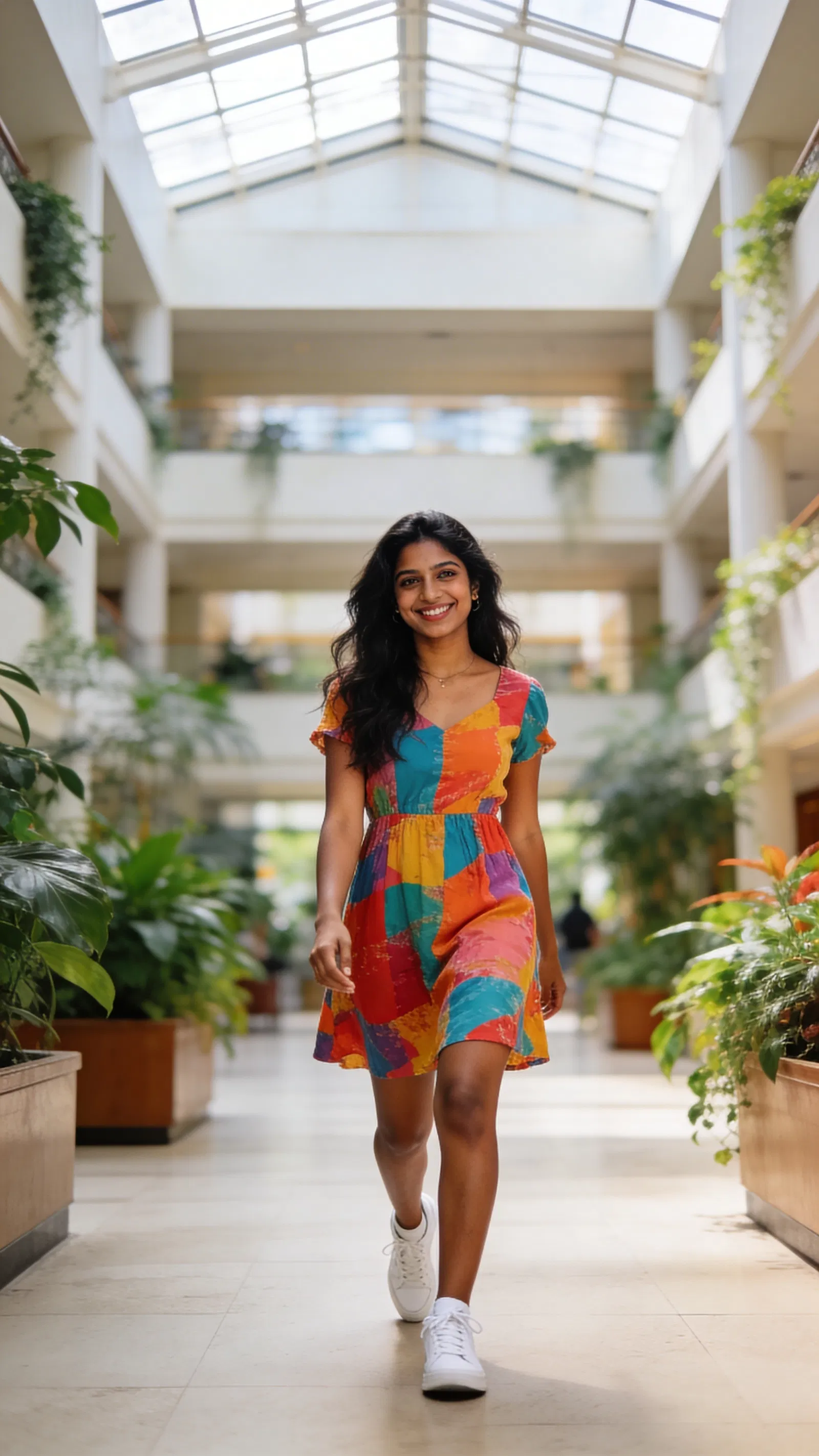 South Asian woman walking in atrium for fresh Instagram photos