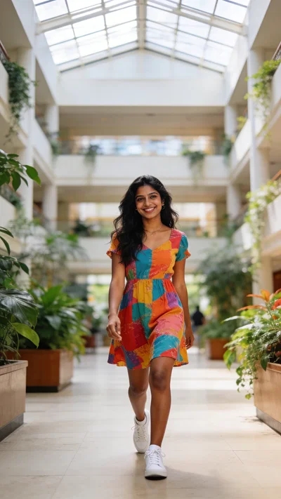 South Asian woman walking in atrium for fresh Instagram photos
