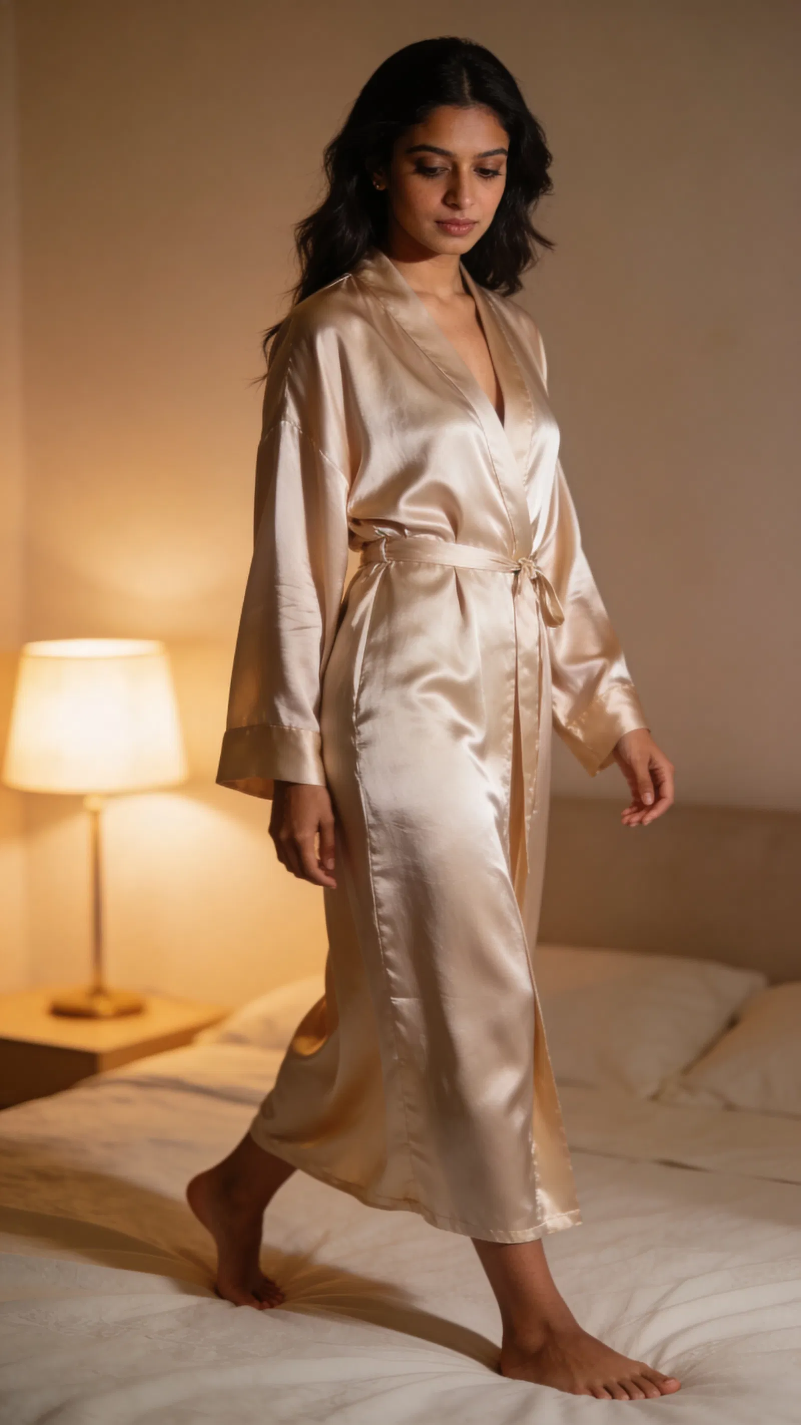 South Asian woman walking in satin robe, cinematic boudoir portrait
