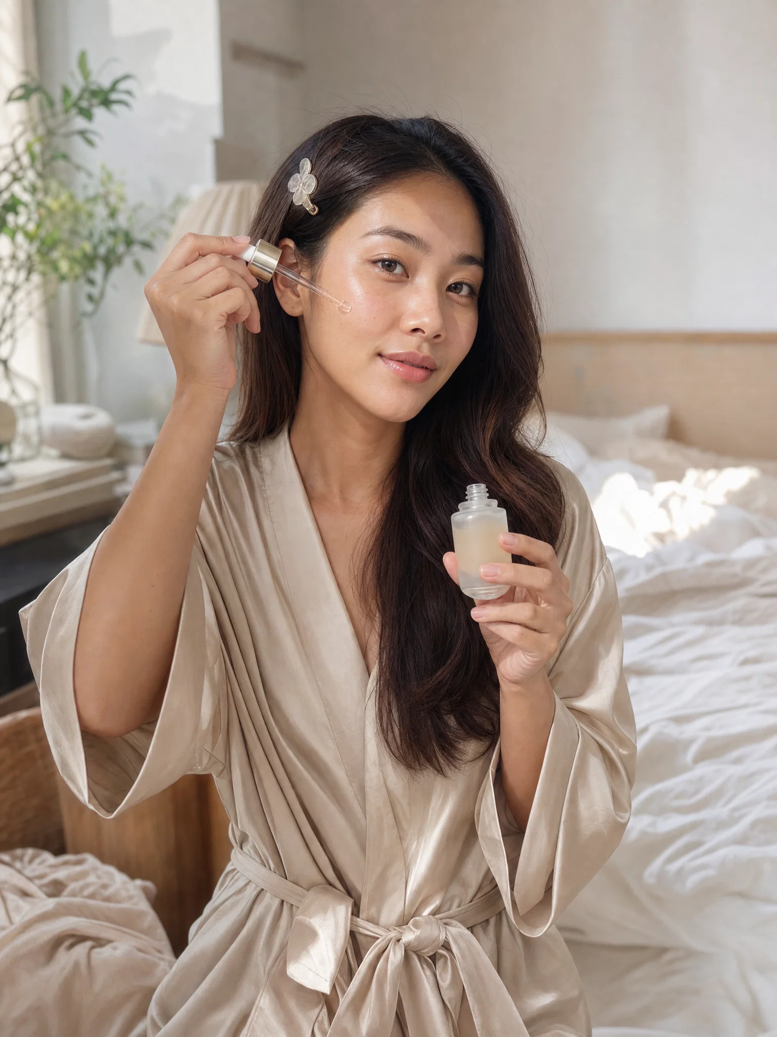 Southeast Asian beauty creator holding serum dropper in morning light